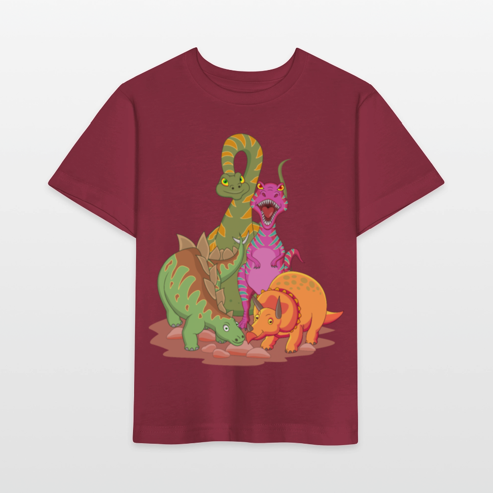 Dino Power T-Shirt – Four Prehistoric Heroes United - burgundy